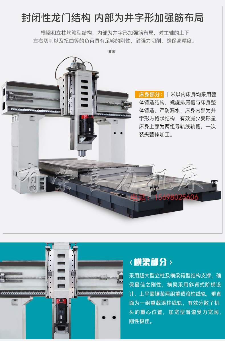 龙门加工中心封闭性龙门结构，内部为井字形加强筋布局